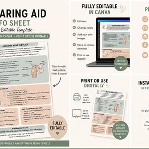 May include: An editable hearing aid info sheet template, customizable in Canva. The design includes a laptop, a printed sheet, and icons for daycares, teachers, and therapists. The text reads "Hearing Aid Info Sheet" and "Instant Download."