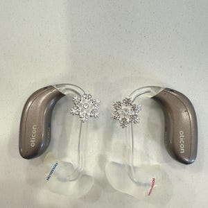 Könnte beinhalten: Zwei Hörgeräte mit silbernen Schneeflocken-Anhängern. Die Hörgeräte haben eine metallisch-taupefarbene Farbe mit transparenten Ohrpassstücken. Die Anhänger sind mit transparenten Schläuchen befestigt.