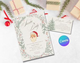 May include: A festive baby shower invitation with the words "Santa Baby" in elegant script, featuring a Santa Claus illustration. The invitation is adorned with a botanical border and includes event details. A matching card reads "Books for Baby".
