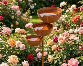 Rain Catcher Bird Bath Stake, Rustic Metal Bee Bath, Butterfly Water Feeder, Outdoor Garden Water Bowl, Farmhouse Yard Decor