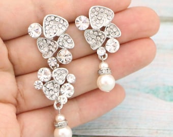 pearl earrings dangle silver rhinestone earrings Pearl Drop Earrings Bridal Gold Crystal earrings Wedding earrings Pearl drop Bridal earring