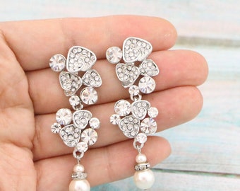 wedding chandelier earrings Pearl drop Wedding earrings Long Pearls Earrings Silver Bridal earrings Rhinestone earrings Gold earrings Bridal