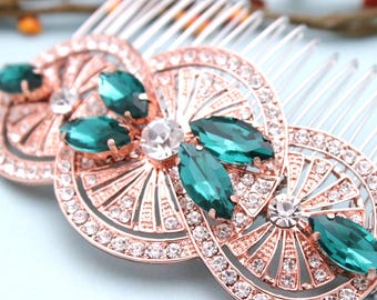 Navy Blue Bridal Hair Comb: Rhinestone Wedding Headpiece Wedding hair jewelry Bridal hair acessories Wedding hair clip Green hair comb Blue