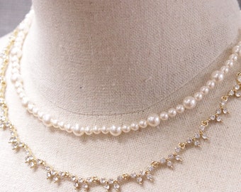 Ivory pearl Necklace Rhinestone earrings Wedding necklace earrings set Gold Crystal earrings Bridal necklace Bridesmaid jewelry set necklace