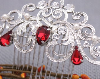 Silver Wedding hair comb Red Crystal Wedding comb Bridal hair jewelry Wedding hair accessories for bun Navy blue Bridal hair comb Side comb