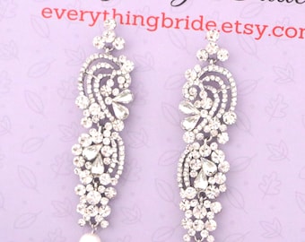 pearl earrings dangle silver Pearl and Crystal Bridal Jewelry Gold Long crystal wedding earrings rose gold earrings wedding jewelry earrings