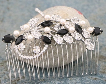 Rhinestone Wedding Hair Comb: Silver Bridal Hair Jewelry, Sapphire Blue Crystal Jet Wedding headpiece Pearl Bridal hair clip Wedding comb