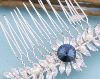 wedding silver hair piece blue hair Jewelry wedding hair side clip Side bridal headpiece Wedding hair comb Bridal hair accessories for bun