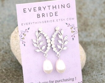 Bridesmaid earrings Silver Pearl drop Wedding earrings CZ Bridal earrings Gold Wedding jewelry earrings Rose gold Bridal ivory pearl earring