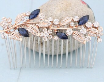 Blue Crystal Bridal Comb Bridal Hair Piece for Bun Gold bridal hair comb Navy blue hair accessories Wedding hair comb Rose gold hair comb in
