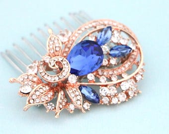 Silver Wedding Hair Comb: Navy Blue Crystal Bridal Headpiece Rose gold Bridal hair clip Sapphire Wedding hair clip Bridal hair accessories