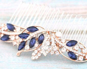 Silver Wedding Hair Comb Sapphire Blue Crystal Bridal Headpiece Navy Blue Rhinestone hair comb Rose gold Bridal hair clip Wedding hair piece