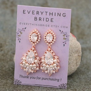 Cubic Zirconia Bridal Earrings dangle Bridal Jewelry Bridesmaids Earrings Crystal Drop Earrings Rose gold Wedding earrings Pearl earrings