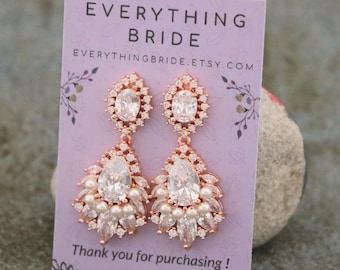 Cubic Zirconia Bridal Earrings dangle Bridal Jewelry Bridesmaids Earrings Crystal Drop Earrings Rose gold Wedding earrings Pearl earrings