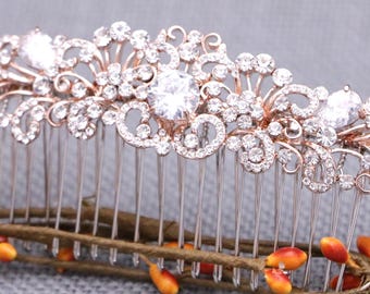 Silver Rhinestone Wedding Hair Comb, Large Bridal Hair Piece, Gold Leaves Accessory Rose gold Wedding hair clip Gold veil comb Crystal comb