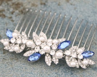 Navy blue Wedding hair comb Silver Bridal side comb Wedding hair accessories floral Bridal hair comb Rhinestone side hair comb Bridal comb