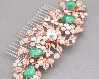 Rose Gold Bridal Headpieces Wedding Hair Accessories for Bun Blue hair jewelry Navy blue Wedding hair comb Crystal Wedding comb Side comb