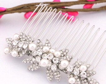 Rose Gold Pearl Crystal Bridal Hair Comb, Wedding Rhinestone Accessory Pearl drop Wedding earrings Bridal hair piece Wedding hair clip Gold