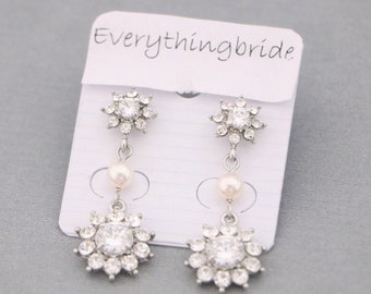 wedding earrings pearl silver pearl chandelier earrings pearl cz drop earrings Bridesmaid earrings Crystal earrings Bridal earrings Rosegold