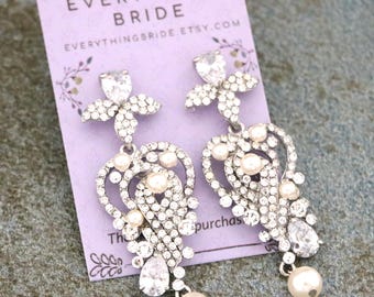 Rhinestone Pearl Wedding Earrings Bridal Jewelry Chandelier Bridal Earring Swarovski Pearl Rhinestone Dangle Crystal earrings Bridal jewelry