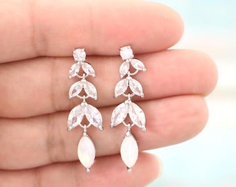 White opal Wedding earrings Crystal drop earrings Navy blue Earrings Gold CZ earrings Rose gold Bridal earrings Bridal Blue navy Earrings