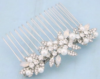 White opal Wedding hair comb Pearl side comb Blue Wedding hair jewelry Navy blue Bridal hair comb Crystal hair piece Wedding hair accessory