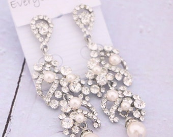 Silver Pearl drop Wedding earrings Rhinestone earrings Dangle Crystal earrings Pearl Bridal earrings Bridesmaid earrings Gold earring Silver