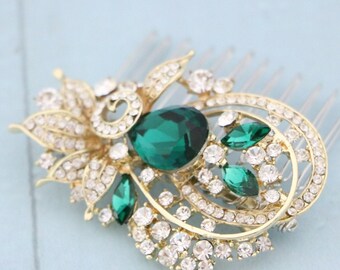 wedding hair comb gold leaf Green Crystal comb Side bridal headpiece Wedding hair accessories for bun Bridal hair comb Navy blue hair comb