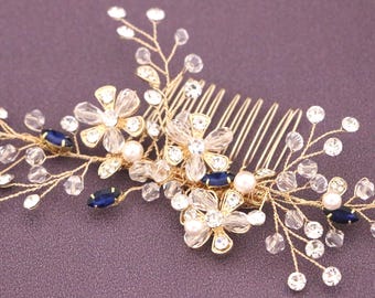 Gold Pearl hair vine Rose gold Wedding hair comb Navy blue Wedding hair clip Bridal hair accessories Wedding hair jewelry Bridal comb Boho