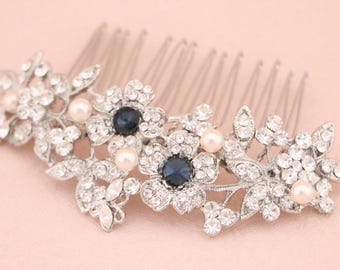 Silver Crystal Rhinestone Wedding Hair Comb Silver Bridal Accessory Navy blue Wedding hair clip Bridal hair comb Blue hair jewelry Sapphire