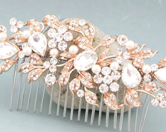 White Opal Bridal Hair Comb Navy Crystal Wedding Headpiece Gold veil comb Navy blue Wedding hair clip Bridal hair accessories Rose gold comb