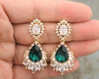 Emerald Drop Earrings Bridal Drop Earrings Emerald Dangle Earrings Green Crystal Earrings Bridesmaids Earrings Christmas Gift For Her Bridal