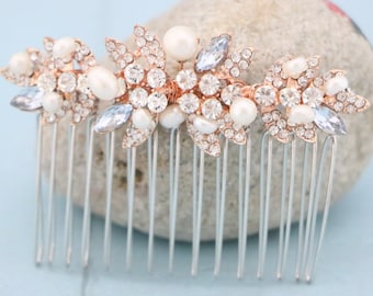 Wedding side comb Blue Bridal comb Pearl and crystal hair comb Rose gold Wedding hair comb Gold veil comb Wedding hair accessories for bun