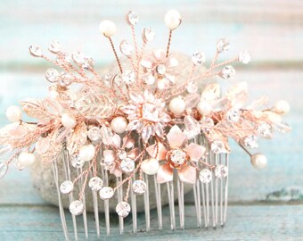 Floral Rhinestone Pearl Bridal Hair Comb, Silver Wedding Hair Accessory Rose gold Wedding hair clip Wedding hair vine boho headpiece Gold