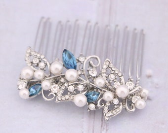 Blue Wedding hair comb Side bridal headpiece Pearl side comb Bridal hair accessories floral Bridal hair comb Rhinestone hair comb Small comb