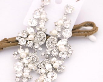 Silver Chandelier Bridal Earrings, Swarovski Pearl Rhinestone Dangle Gold Bridal jewelry earrings Gold Wedding earrings Crystal earrings