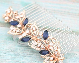 Navy blue Crystal Wedding Hair Comb Rhinestone Bridal Hair Accessory Wedding hair jewelry Gold veil comb Blue hair jewelry Wedding comb side