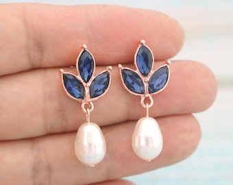 Blue Navy Crystal Earrings Rose gold bridal earrings drop Royal blue dangle earrings wedding earrings for mother of bride Dark Blue Earrings