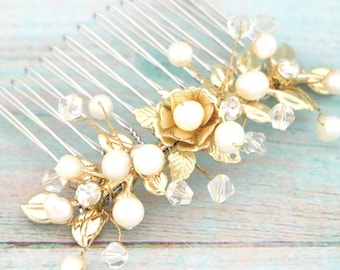 Rose Gold Bridal Hair Comb, Crystal Wedding Headpiece Freshwater Pearl Accessory Boho hair piece Wedding hair clip Rhinestone hair comb Side