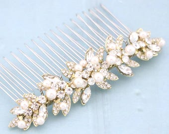 Pearl Wedding Hair Comb: Rhinestone Bridal Hair Piece Gold Floral Clip Navy blue Bridal hair clip Wedding hair accessories Blue hair jewelry