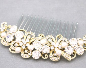 Pearl hair comb Gold Bridal hair piece Wedding hair jewelry Pearl drop Bridal earrings Rhinestone Wedding hair clip Crystal hair comb Bridal