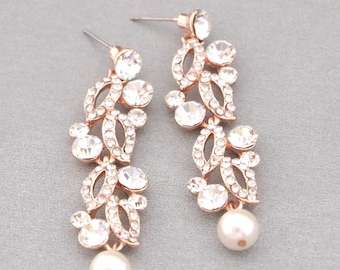 Pearl Chandelier Bridal Earrings: Gold, Rose Gold, Silver Tone Wedding Jewelry Bridesmaid earrings Crystal Wedding earrings Rhinestone Boho