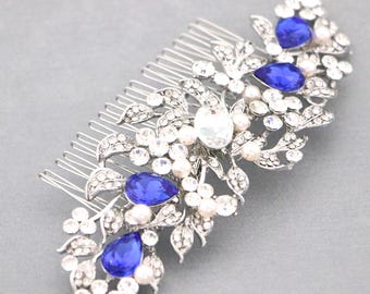 Blue Crystal Bridal Hair Comb Rhinestone Wedding Headpiece Navy blue Wedding hair clip Sapphire Crystal Wedding hair accessories Gold comb