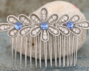 Silver Wedding hair comb Sapphire Crystal hair comb Wedding hair accessories Floral Wedding hair piece Bridal hair jewelry Bridal hair comb