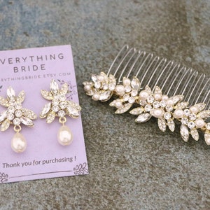 Gold Bridal hair comb with pearl drop Wedding earrings Blue hair jewelry earrings Wedding hair comb Vintage style Wedding comb Earrings Boho Gold & Earring+comb