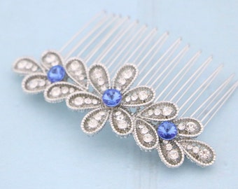 Silver Wedding hair comb Blue Wedding comb Navy blue Wedding hair jewelry Bridal hair accessories for bun Wedding headpiece Bridal hair comb