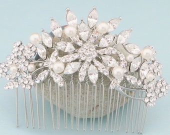 Bridal Hair Comb: Rhinestone & Pearl Wedding Hairpiece Small Wedding hair accessories Large Bridal hair clip Rhinestone Wedding headpiece