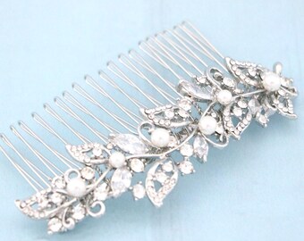 Silver Bridal hair clip Pearl drop Wedding earrings Bridal hair piece Wedding hair jewelry Crystal earrings Rhinestone earrings Bridal comb