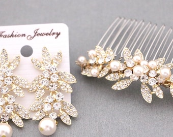 Gold Bridal hair piece with pearl earrings set Rose gold Bridal hair clip Wedding hair accessories Pearl drop Bridal earrings Crystal comb