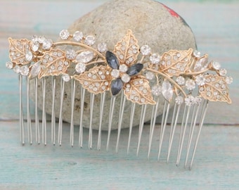 Gold Wedding hair comb Navy blue Bridal hair comb Blue hair jewelry Wedding hair jewelry Bridal hair accessories floral Wedding comb Side